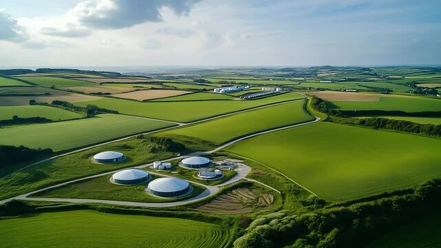Drone shot of an eco-friendly biogas facility with circular digesters and methane storage domes, integrated into the rural countryside with fields stretching beyond