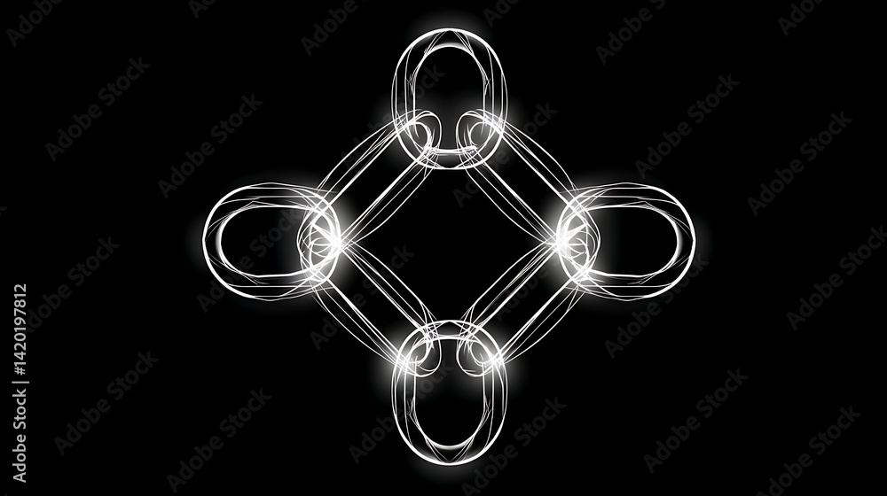 Poster luminous interlocking geometric shape diamond configuration complex light play design on black backd