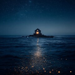 Luminous Island House Underneath Starry Night Sky Serene Ocean Reflecting Light Enchanting Seascape.