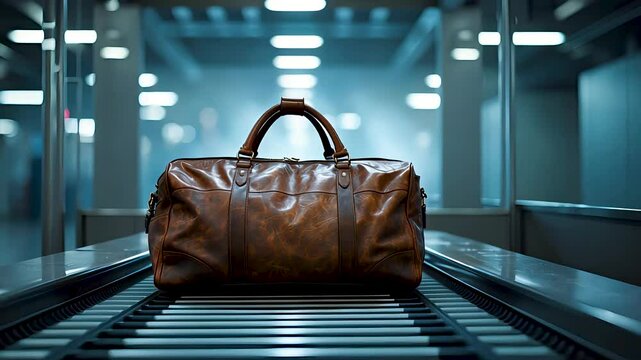 Leather duffle bag rides conveyor belt in modern airport terminal security lane