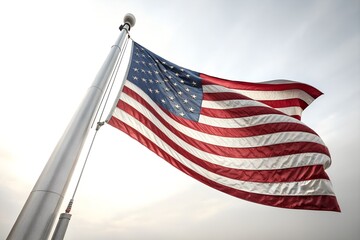 United States Flag Waving Proudly On Flagpole Against Soft Sky Background