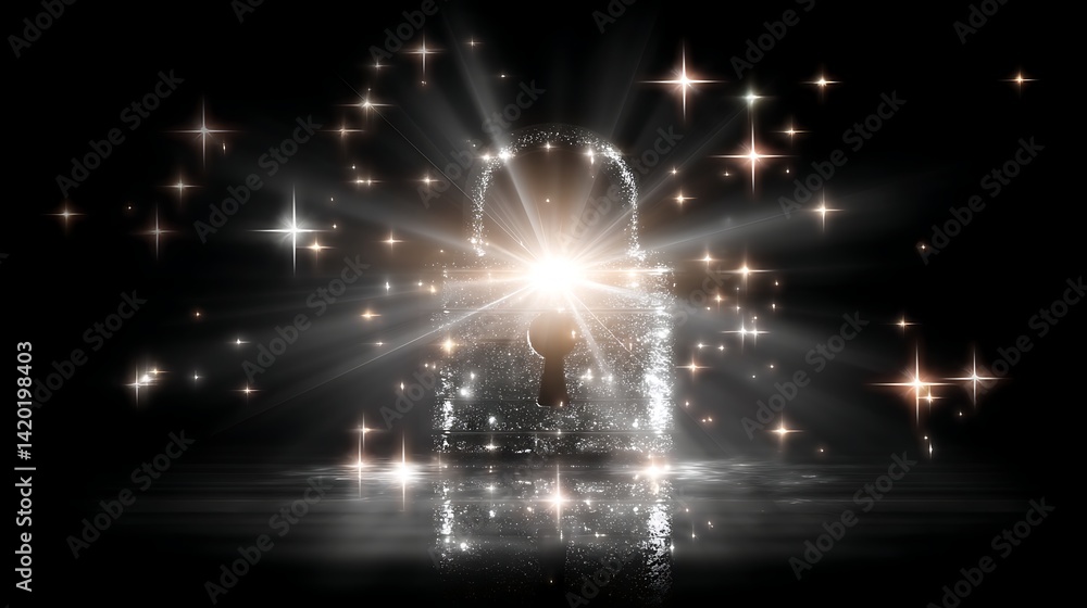 Poster luminous padlock unveiling security and protection with glittering sparkles on a black backdrop.