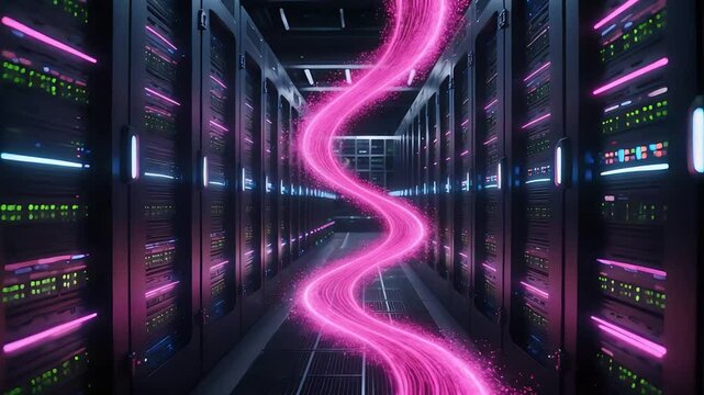Neon glowing digital network stream flowing through high-tech server racks, showcasing futuristic technology in a data center.


