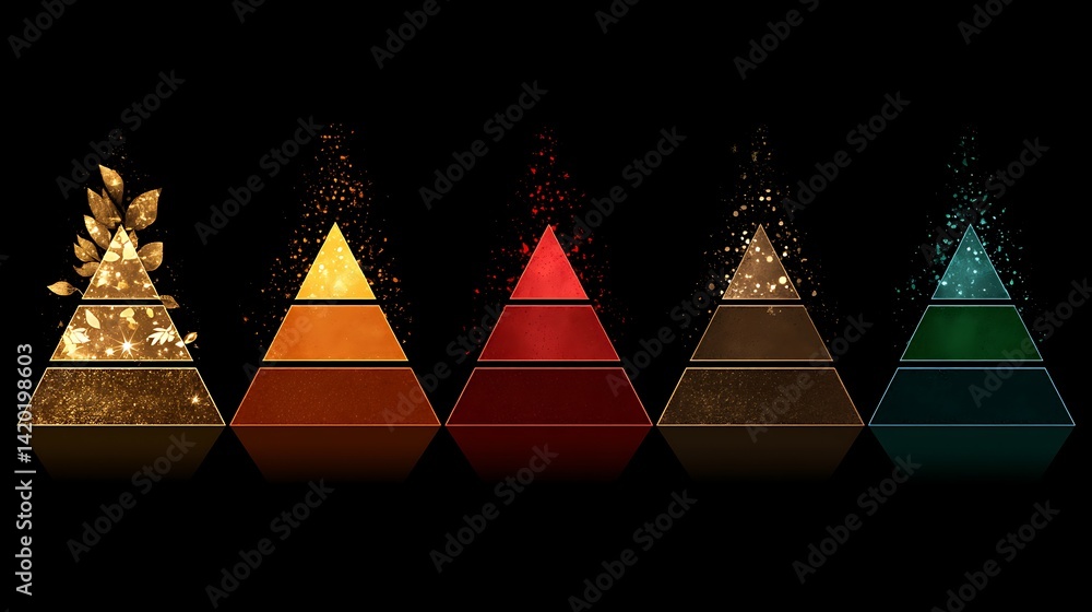 Poster luminous pyramidal structures arrayed in spectrum of hues with glittering accents on black backdrop.
