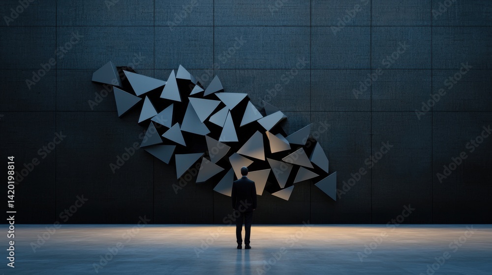 Poster a man stands in front of a large wall of triangles