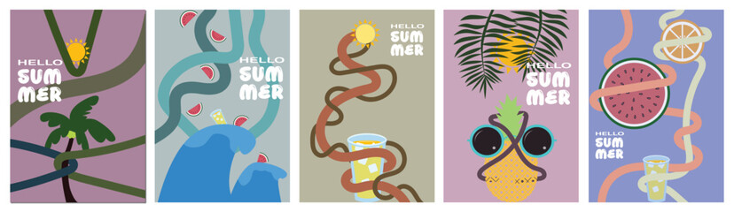 Tropical Vibes: Flat Design Summer Poster & Card Set, Vibrant Minimalist Summer Vector Series, Abstract Vector Card Collection, Summer Greeting Cards