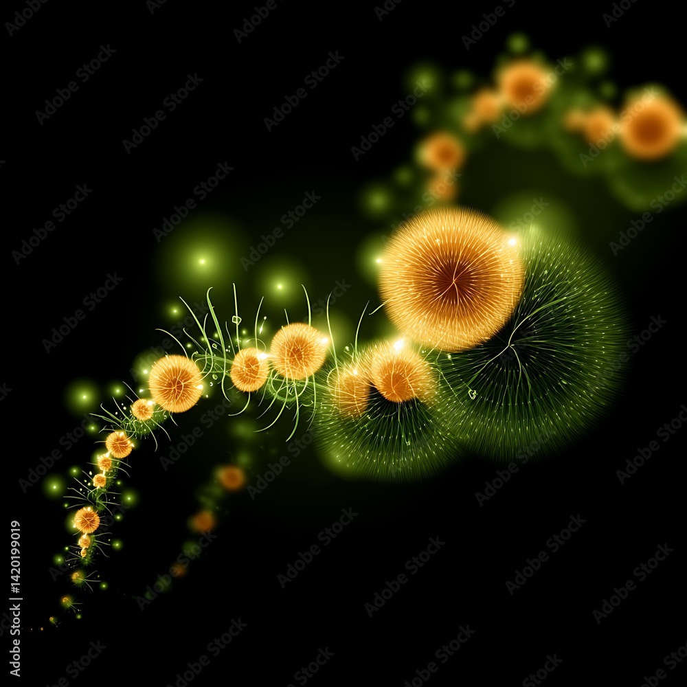 Poster luminous spherical forms in dynamic arrangement glowing biological orbs and ethereal emanations.