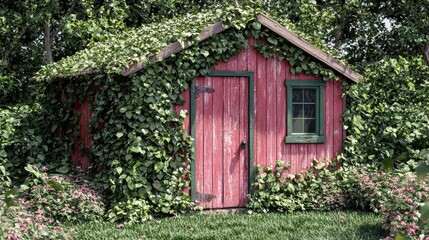 Charming Red Shed Covered with Green Vines in Lush Garden Setting
