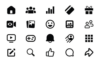 Facebook all icon set black. UI interface icon or logo set design. Facebook icon design elements vector. Social media icons include home, friends, video, gaming, menu, notification, messenger, etc.