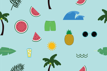 High‑Res Summer Vector Pack: Seamless Repeat Pattern with Tropical Fruit, Wavy Lines, Beach Icons, Palm Leaves & Refreshing Drink Illustrations, AI & EPS Files for Web, Print, Branding
