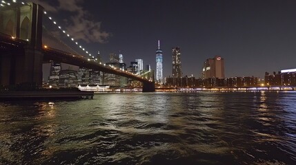 Fototapeta premium Nighttime cityscape view of the Brooklyn Bridge and New York City skyline.