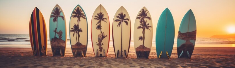 Colored Surfboards standing on a sandy beach against a serene blue ocean backdrop. copy space for text. Vacation concept. Travel concept, Summertime concept with copy space.