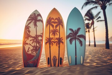 Colored Surfboards standing on a sandy beach against a serene blue ocean backdrop. copy space for text. Vacation concept. Travel concept, Summertime concept with copy space.