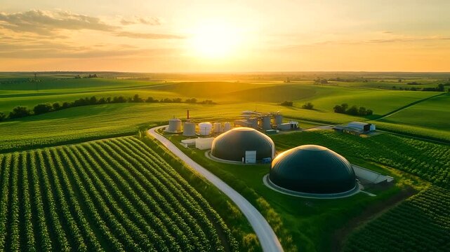 Sweeping aerial shot of an advanced biogas facility, large spherical digesters among cultivated fields, demonstrating sustainable rural energy solutions