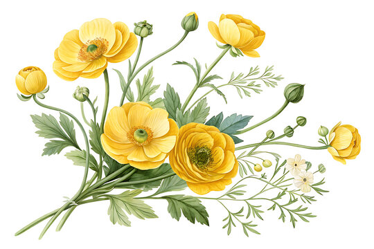 yellow ranunculus flowers bouquet watercolor style clip art preview