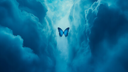 A blue butterfly flying through a tunnel of blue and white clouds in a dreamy atmosphere