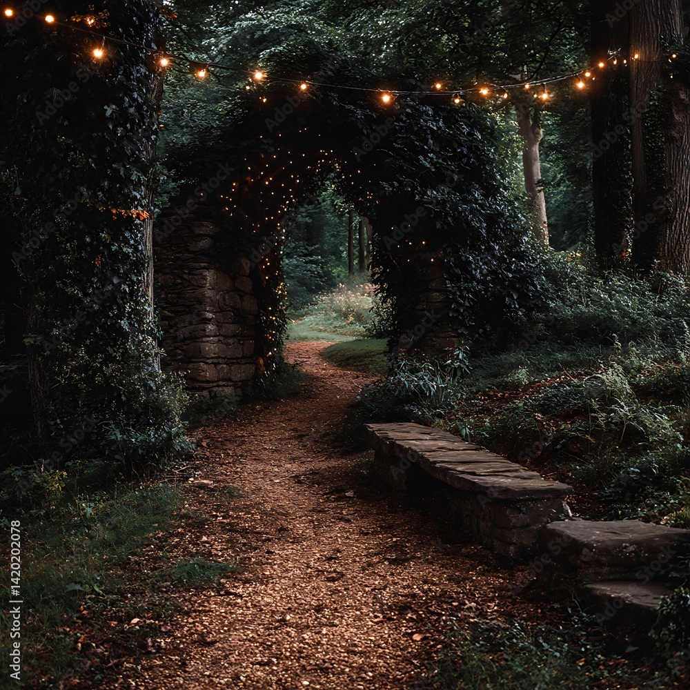 Poster magical forest path illuminated by string lights and stone archway creating an enchanting atmosphere