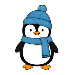 Fototapeta premium Cartoon penguin with hat and scarf on white