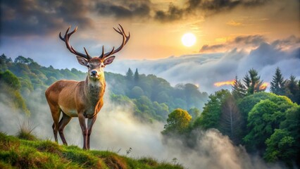 Fototapeta premium Majestic Stag Silhouetted Against a Misty Mountain Sunrise, a Breathtaking Display of Wildlife in its Natural Habitat
