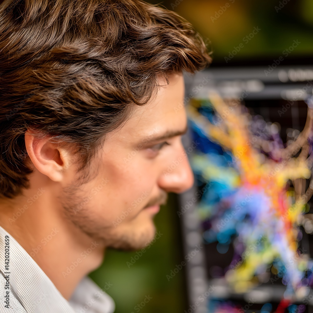 Poster man analyzing complex visual data on computer screen with focused expression and analytical thinking