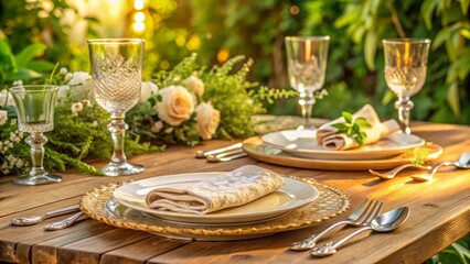 Elegant outdoor table setting with golden charger plates, delicate glassware, and floral centerpiece bathed in warm sunlight