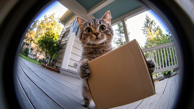 A cat is holding a cardboard box in its mouth