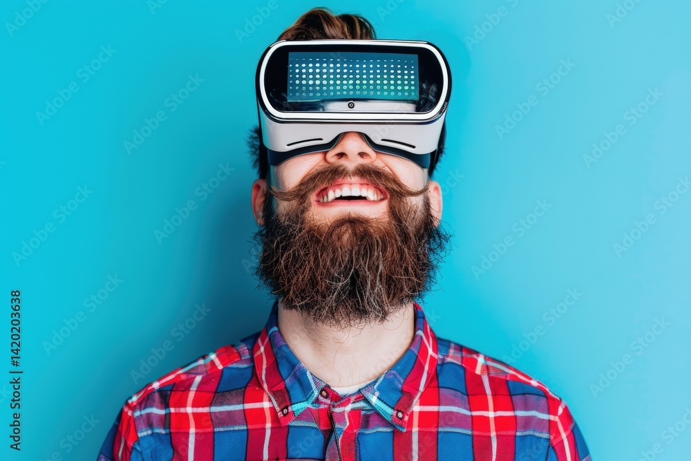 Poster virtual reality exploration modern studio image of enthusiastic user colorful setting engaging persp
