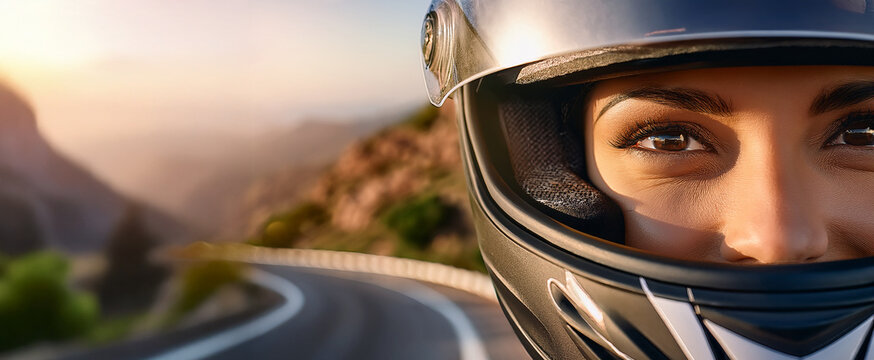 Close up de una mujer motorista con casco blanco en la cabeza viajando una aventura en moto en una carretera de monta&ntilde;a con curvas y luz de atardecer