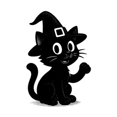 Cartoon Black Cat with Witch Hat Vector Illustration