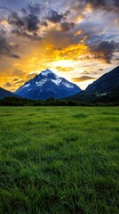 Fototapeta premium A mountain range is in the background with a field of grass in the foreground
