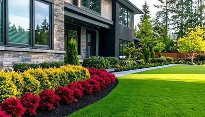 Front yard, landscape design with multicolored shrubs intersecting with bright green lawns behind the house is a modern ,