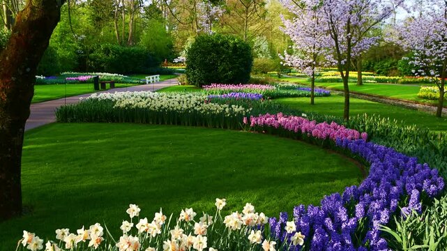 spring flowers in bloom in Keukenhof garden in the Netherlands, flower park in Holland, gardening in the springtime with hyacinths and daffodils in bloom