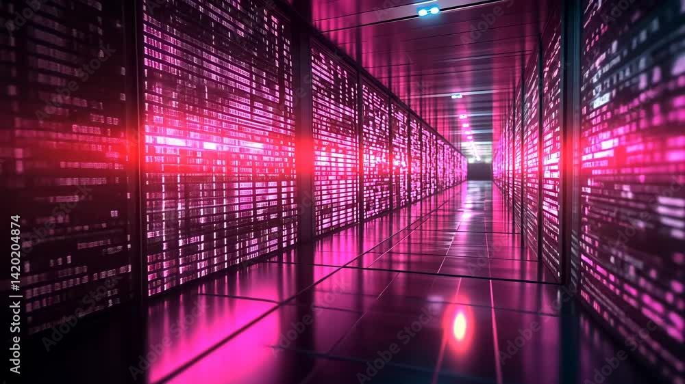 Poster pink lit data center interior with servers and digital code grids