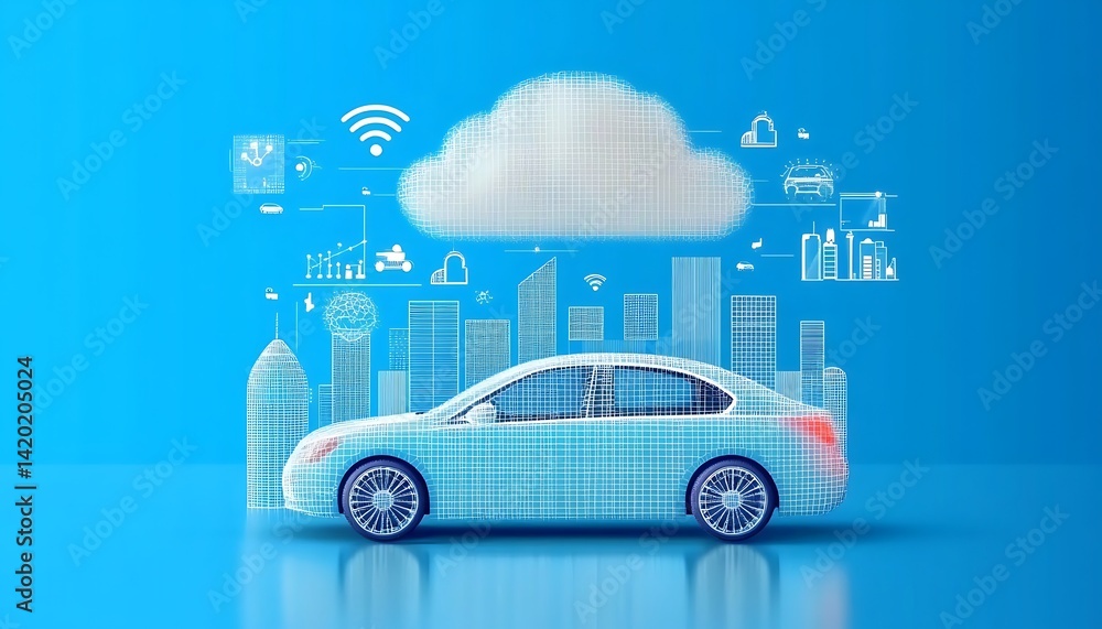 Poster social networking city and town with automation car on the world symbols moving from buildings to cl