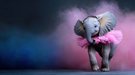 A baby elephant is running through pink smoke