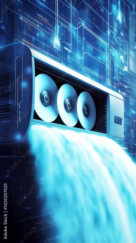 Poster an air conditioning unit releases a stream of blue air in a futuristic environment with digital patt