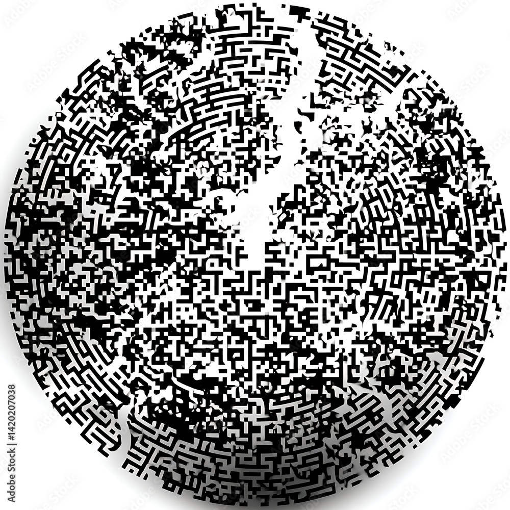 Poster maze puzzle in circular shape with symbolic path design black and white illustration