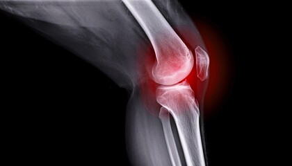 Knee joint x-ray with pain highlighted in red