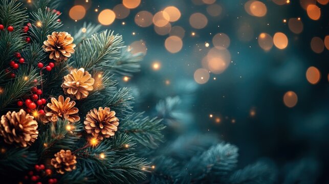 Christmas pine bough with golden cones, red berries, bokeh lights background
