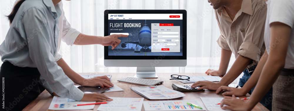 Poster online flight booking website provide brisk reservation system . travel technology concept .