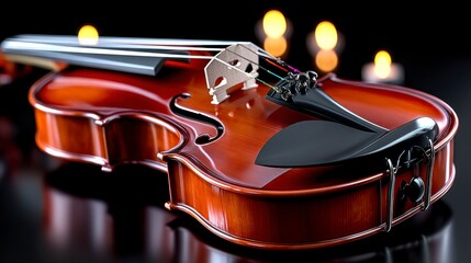 Fototapeta premium Elegant Violin Resting on Reflective Surface with Soft Candlelight Glow Creating a Serene and Artistic Atmosphere