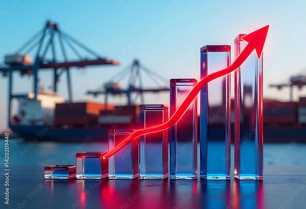 Poster generative ai image illustrating a sharp rise in import-export business growth at a seaport