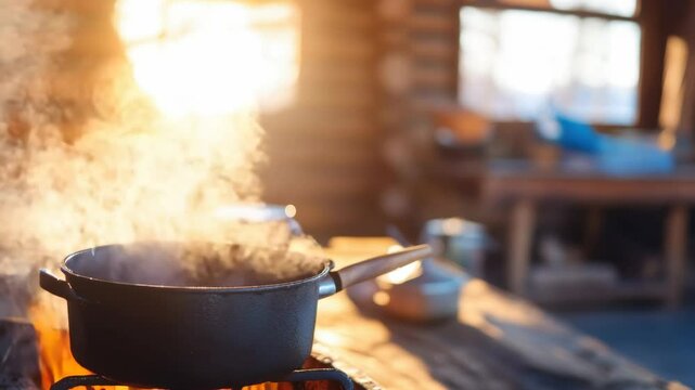 Outdoor cooking with steam rising from pot at sunset in rustic setting
