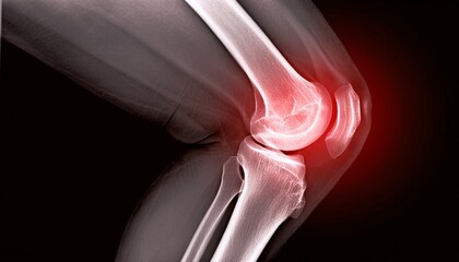 Knee joint x-ray with pain highlighted in red