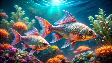 Fototapeta premium Two iridescent fish swim gracefully amidst vibrant aquatic flora and fauna, bathed in sunlight filtering through the water's surface.