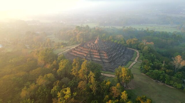 Aerial view of ancient Borobudur temple, surrounded by tropical misty jungle and soft morning light in Central Java, Indonesia.