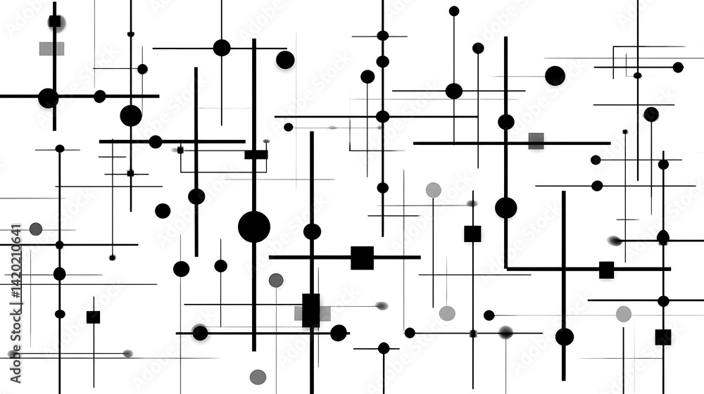 Poster minimalist geometric composition lines dots squares abstract design artistic graphical arrangement.