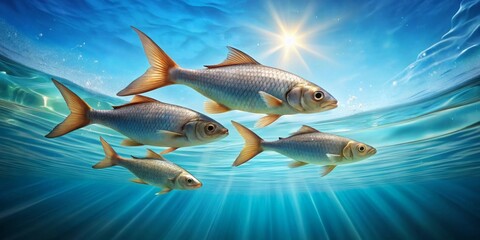 Obraz premium Sunlight Dapples the Water as a School of Fish Swims Gracefully Through the Crystal Clear Depths