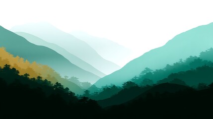 Fototapeta premium Misty Mountain Range Silhouette with Trees and Forest View in Natural Gradient Hues Art.