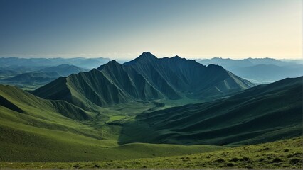 Fototapeta premium Majestic Green Mountains Under a Tranquil Sky: A Sweeping Vista of Undulating Peaks and Verdant Slopes in Harmony.